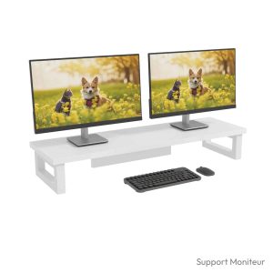 Support écran pc bois 91x26cm blanc charge 50 kg double écran
